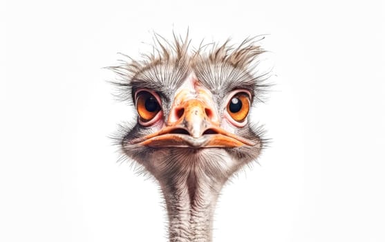 A close up of an ostrich's face with its beak open. The ostrich has a fluffy, messy look to it