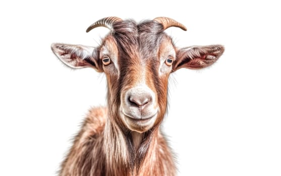 A goat with a white face is staring directly at the camera, capturing its curious expression.