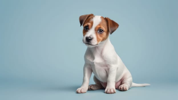 Funny Jack Russell puppy on a blue background.
