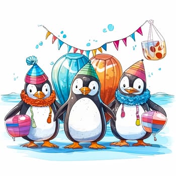 Three penguins are standing on a beach with a banner behind them. They are wearing hats and holding balloons