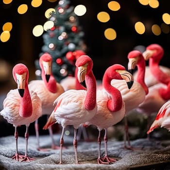 A group of flamingos standing in a line, with one of them being pink and white. The flamingos are arranged in a row, with some standing closer to the camera and others further away