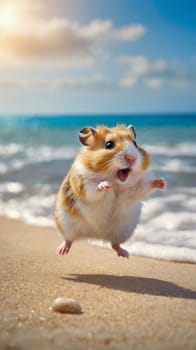 A funny hamster dances on the seashore. cute crazy hamster funny jumps in a dance for joy