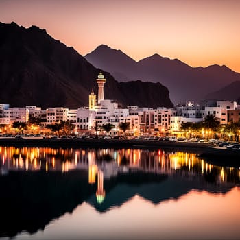 A beautiful city with a large mosque in the background. The water is calm and the sky is orange