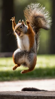 A funny squirrel dances in the forest. cute crazy squirrel funny jumping in dance