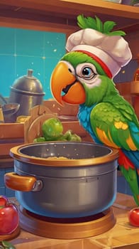 A cartoon parrot chef in a cap prepares soup in a frying pan. Cartoon style image.