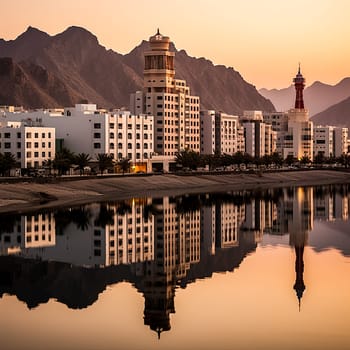 A beautiful city with a large mosque in the background. The water is calm and the sky is orange