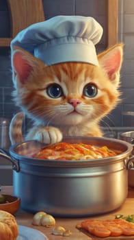 A cartoon kitten cook in a cap cooks soup in a pan. Cartoon style image