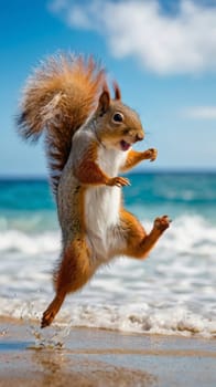 A funny squirrel dances on the seashore. cute crazy squirrel funny jumping in dance