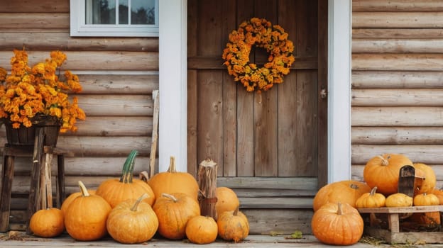 Autumn is depicted with pumpkins and autumn leaves on the porch of a wooden house