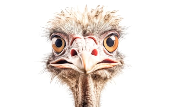 A close up of an ostrich's face with its beak open. The ostrich has a fluffy, messy look to it