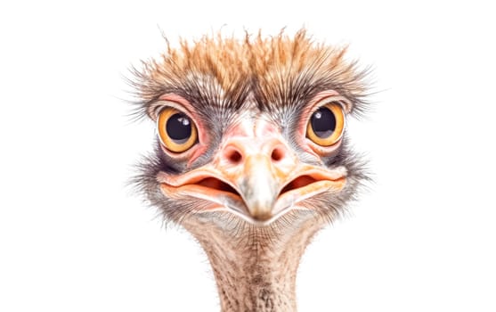 A close up of an ostrich's face with its beak open. The ostrich has a fluffy, messy look to it