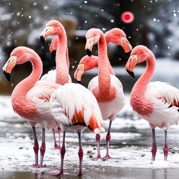 A group of flamingos standing in the snow. Concept of tranquility and beauty as the pink birds are surrounded by the white snow