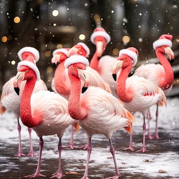 A group of flamingos wearing Santa hats stand in the snow. The image conveys a festive and joyful mood, as the flamingos are dressed up for the holiday season