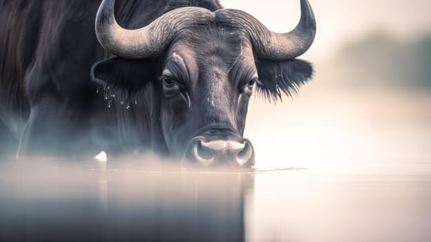 A large black ox is standing in a body of water, looking at the camera. The water is murky and the ox appears to be wet