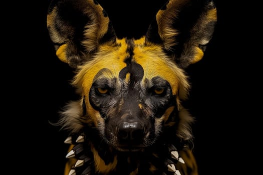 A hyena with a yellow face and distinctive black and white stripes, showcasing its unique and striking appearance in the wild.