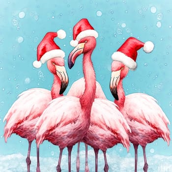 Three flamingos wearing Santa hats stand in a row. The image has a festive and cheerful mood, as the flamingos are dressed up for Christmas