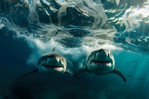Two Great White Sharks swim through the ocean, one directly facing the camera with its mouth open.