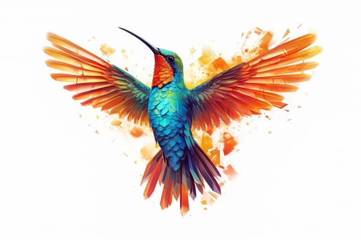 A colorful hummingbird is flying in the air with its wings spread wide. The bird is surrounded by a splash of bright colors, giving the image a lively and energetic feel. The scene captures the beauty