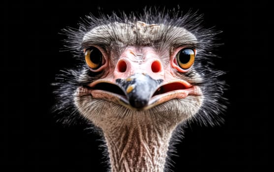 A close up of an ostrich's face with its beak open. Concept of curiosity and wonder as the ostrich stares into the camera