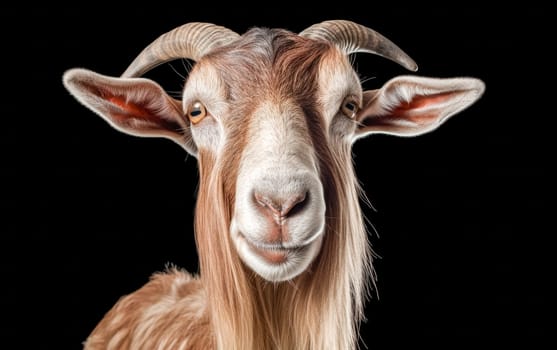 A goat with long hair and a white face is staring at the camera. The goat's expression is serious and focused