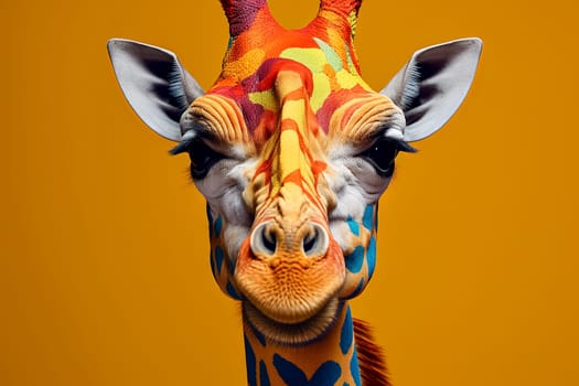 A giraffe with a colorful face painted on it. The giraffe has a big smile on its face