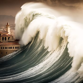 A wave is crashing into a building with a tower on top. The water is white and the building is brown