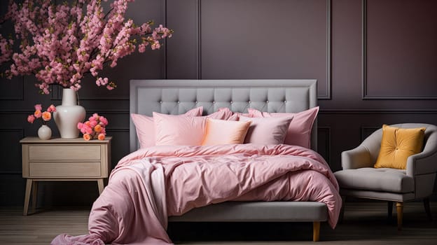 A tastefully decorated bedroom featuring pink sheets on a classic tufted bed, with a blooming cherry blossom branch in a vase, complemented by a cozy armchair - Generative AI