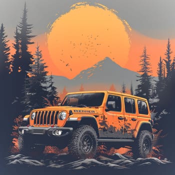 A Jeep Wrangler is driving through a forest with a large orange sun in the background. Scene is adventurous and exciting, as the Jeep is off-roading and exploring the wilderness