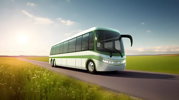 A vibrant abstract tour bus sits parked on a road - environment and green energy concept - Generative AI