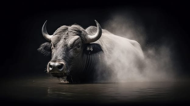 A large black ox is standing in a body of water, looking at the camera. The water is murky and the ox appears to be wet