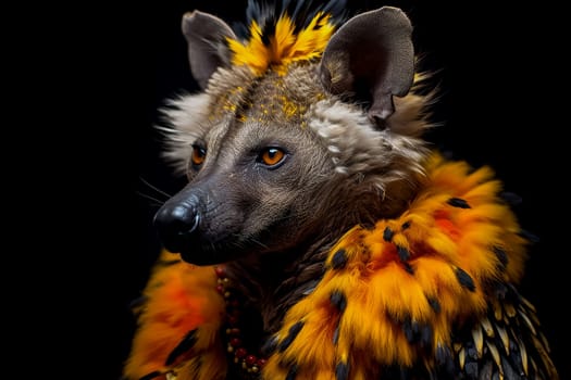 A hyena with a yellow face and distinctive black and white stripes, showcasing its unique and striking appearance in the wild.