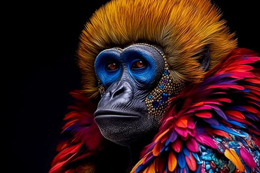 A colorful monkey with a vibrant, feathery tail, displaying a unique and eye-catching appearance.