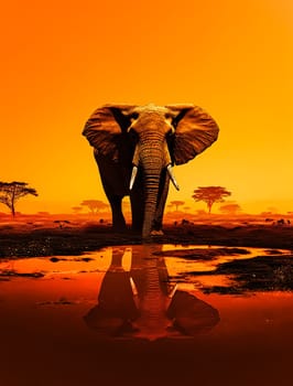 A painting of an elephant standing in front of a sunset. The painting is of a group of people walking in the background