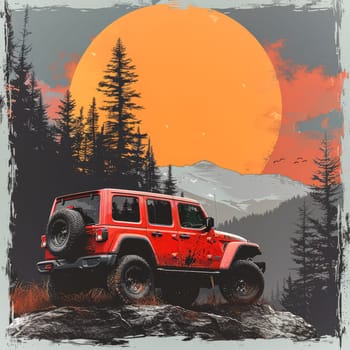 A red Jeep is parked in a forest with a large sun in the background. Scene is peaceful and serene, with the sun shining through the trees and the Jeep blending in with the natural surroundings