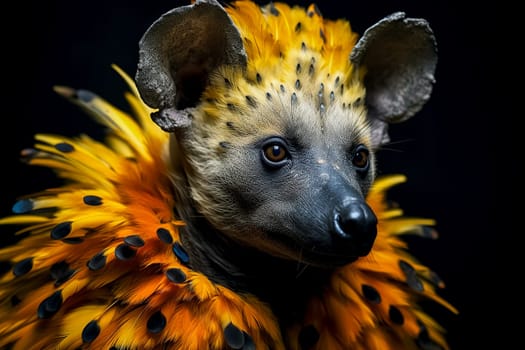 A hyena with a yellow face and distinctive black and white stripes, showcasing its unique and striking appearance in the wild.