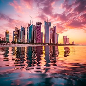 A city skyline is reflected in the water at sunset. The buildings are tall and the water is calm