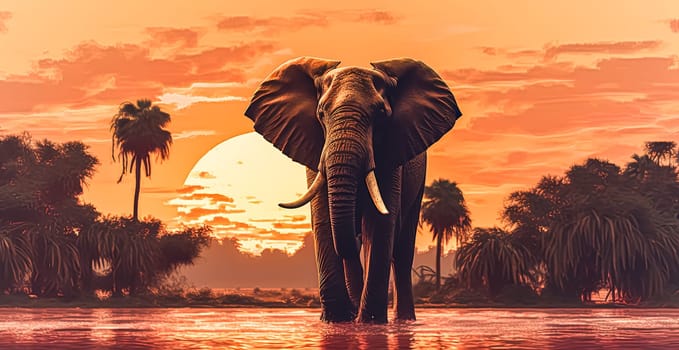 A painting of an elephant standing in front of a sunset. The painting is of a group of people walking in the background