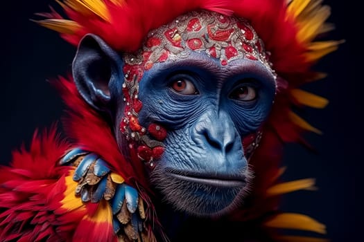 A colorful monkey with blue and yellow paint on its face. The monkey is wearing a colorful outfit and has a flower design on its face