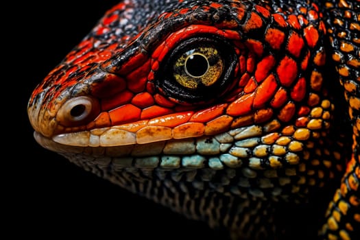 A close up of a lizard's face with red and blue markings. The lizard's eyes are open and staring at the camera