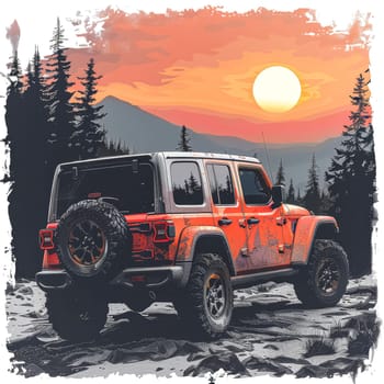 A red Jeep is parked in a forest with a sunset in the background. Scene is serene and peaceful, as the sun sets behind the trees, casting a warm glow over the scene