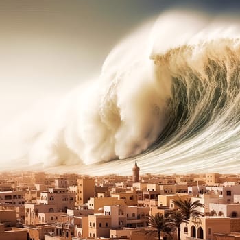 A wave is crashing into a building with a tower on top. The water is white and the building is brown