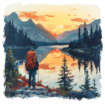 A man is walking along a river with a mountain in the background. The scene is serene and peaceful, with the man carrying a backpack and the mountain providing a sense of grandeur and majesty