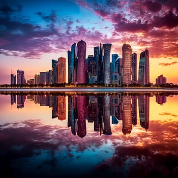 A city skyline is reflected in the water at sunset. The buildings are tall and the water is calm