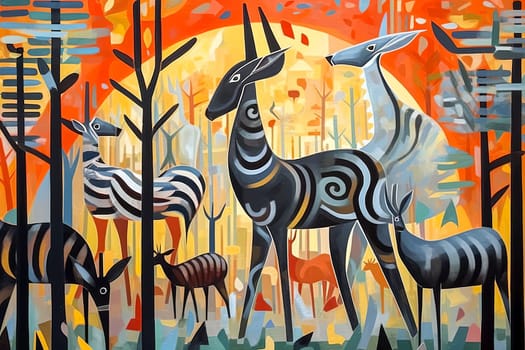 Three zebras and two antelopes are painted in a colorful and abstract style. The painting conveys a sense of harmony and unity among the different species