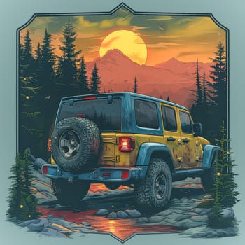 A yellow jeep is driving down a dirt road in the woods. The sun is setting in the background, casting a warm glow over the scene. The car is surrounded by trees