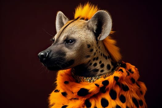 A hyena with a yellow face and distinctive black and white stripes, showcasing its unique and striking appearance in the wild.