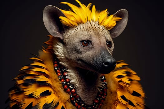 A hyena with a yellow face and distinctive black and white stripes, showcasing its unique and striking appearance in the wild.