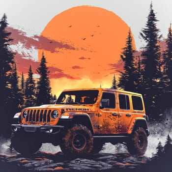 A red Jeep is parked in a forest with a sunset in the background. Scene is serene and peaceful, as the sun sets behind the trees, casting a warm glow over the scene