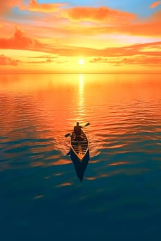 A man is in a canoe on a lake at sunset. The sky is orange and the water is calm