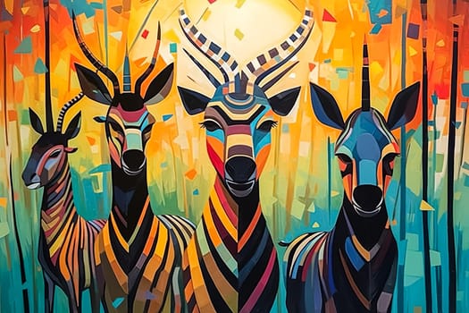 Three zebras and two antelopes are painted in a colorful and abstract style. The painting conveys a sense of harmony and unity among the different species